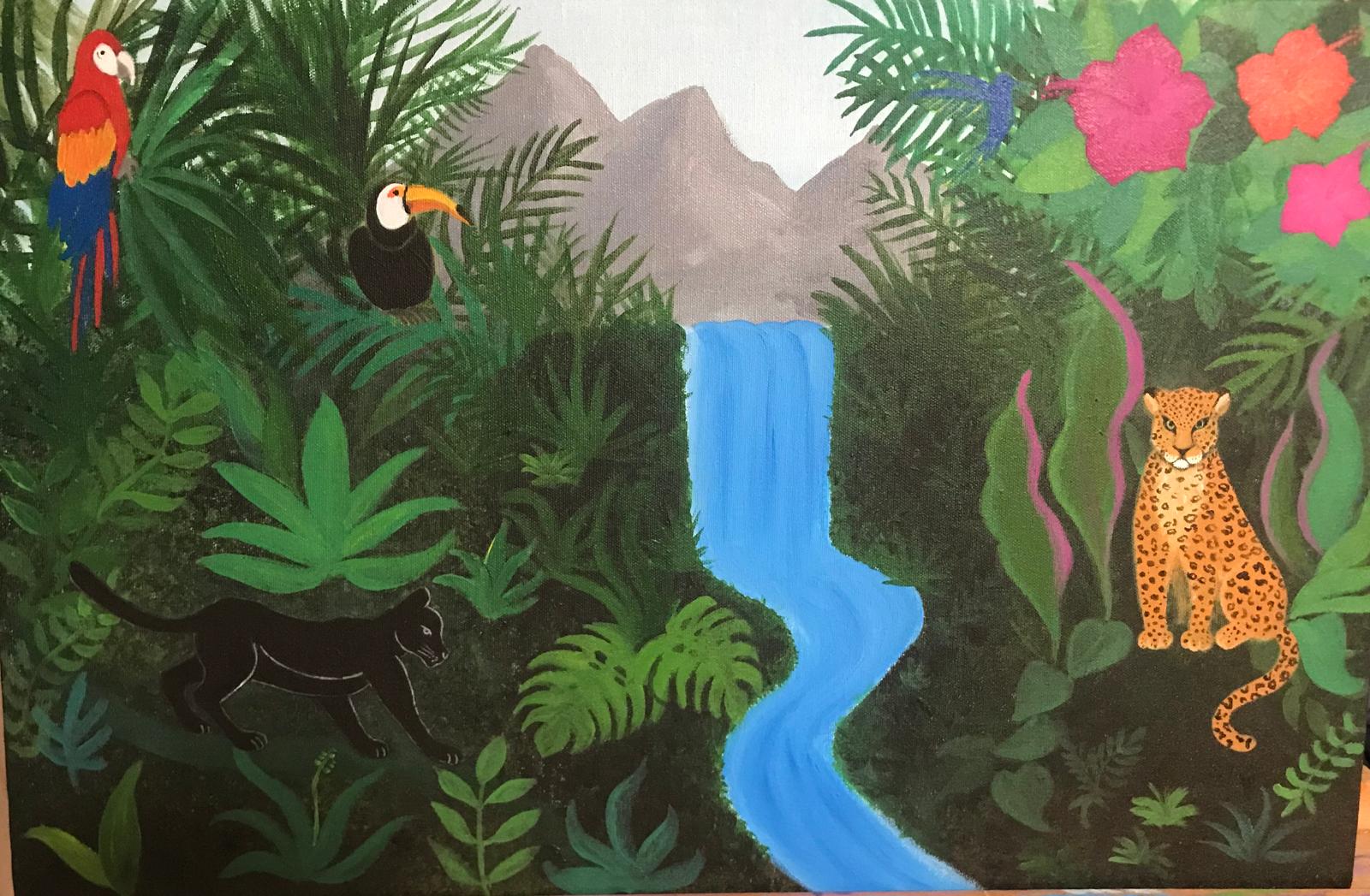 Dschungel-Gemälde mit Wasserfall, gemalt von Sandra